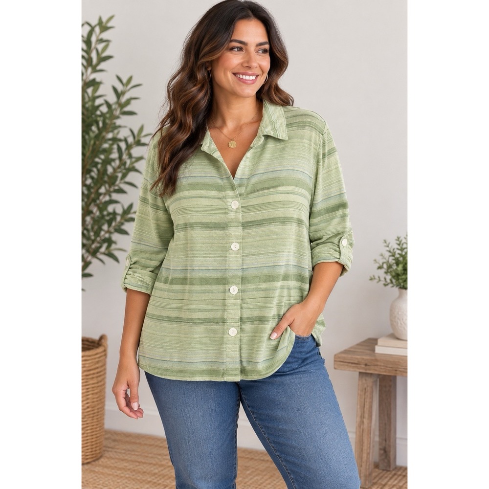 Linden Hill XL Green Striped Cotton Button Down 3/4 Sleeve Shirt Top XL